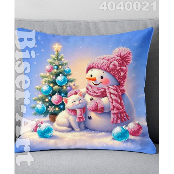 4040021 Сніговик з котиком новорічний (наволочка+подушка) для вишивки 4040021 Сніговик з котиком новорічний (наволочка+подушка) для вишивки