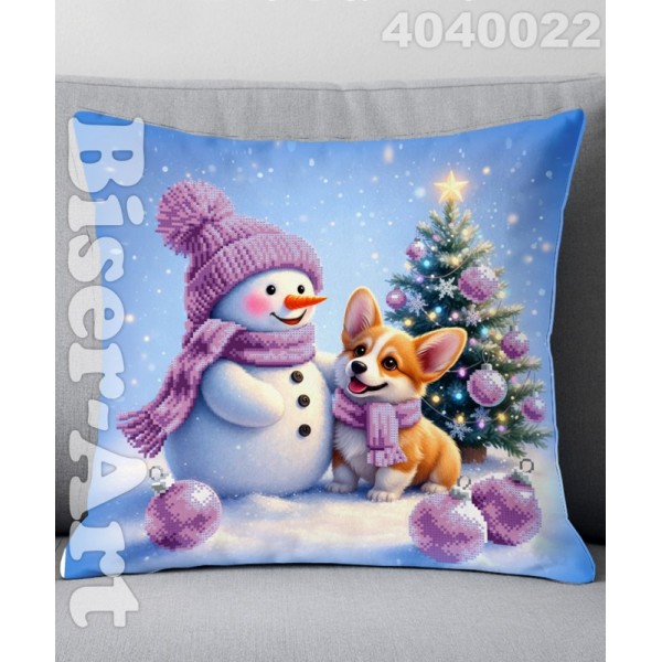 4040022 Сніговик з песиком новорічний (наволочка+подушка) для вишивки 4040022 Сніговик з песиком новорічний (наволочка+подушка) для вишивки